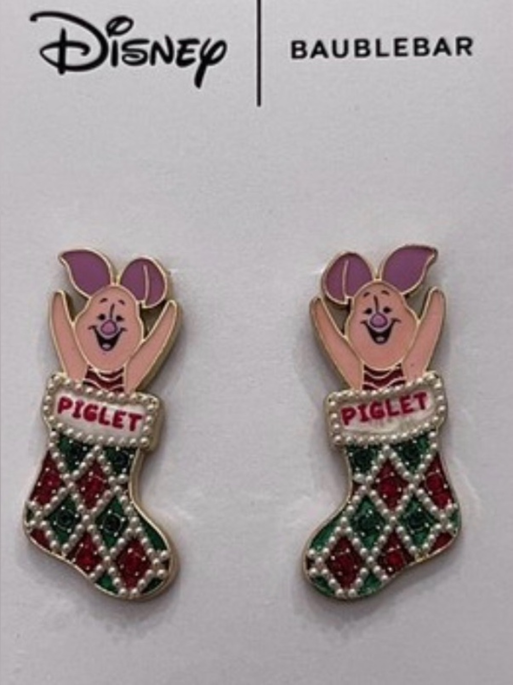 Disney BaubleBar Piglet Christmas Stocking Earrings Holiday Rhinestone 
NIB